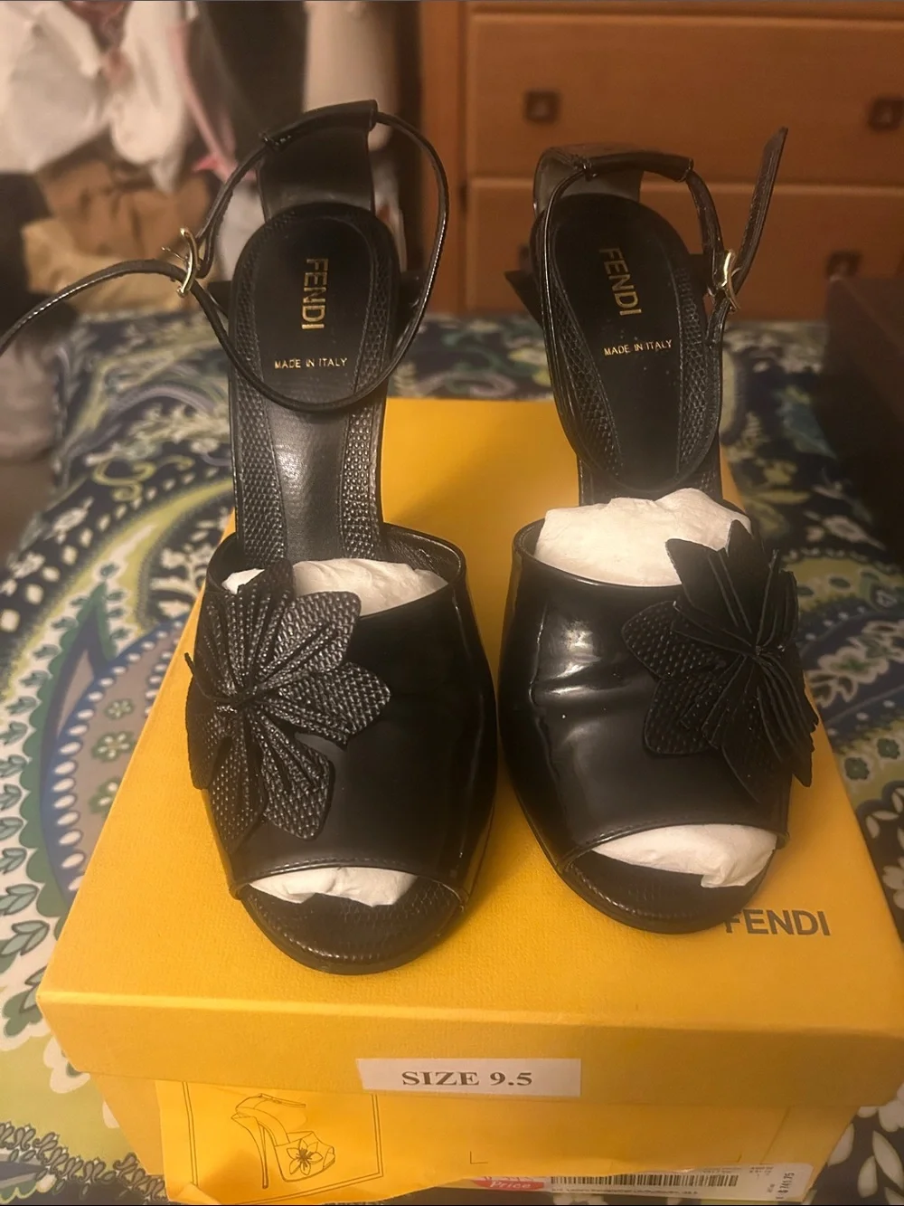Fendi Black Patent Leather Floral Ankle-Strap Heels